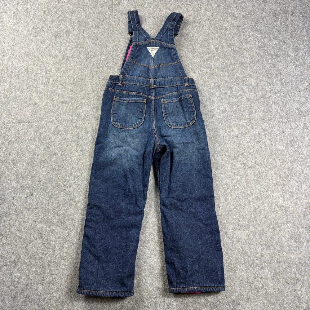 OshKosh Bgosh Girl 5T Blue Denim Fleece Lined Bib Overalls Vest Back Pink Lining
